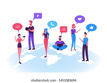 Young People Characters Chatting in Social Networks. Man and Woman Communicating Online with Mobile Devices, Tablet, Laptop, Smartphones. Social Media Icons Around. Cartoon Flat Vector Illustration