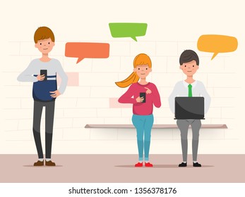 Young People Characters Chatting Using Smartphone for Website or Web Page. Social media Communication Concept.