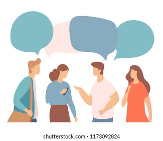 Young people characters with colorful dialog speech bubbles. Discussing, chatting, conversation, dialogue. Flat vector illustration isolaed on white.