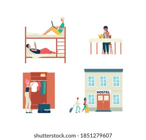 Young people characters in comfortable youth hostel, flat vector illustrations set isolated on white background. Hostel dorm accommodation scenes collection.