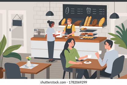 Young People Characters Dinning in modern Coffehouse. Woman and Man Eating Desserts and Drinking Coffee. Cafe and Bakery Shop with Take Away Service. Flat Cartoon Vector Illustration.