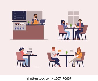 Young People Characters Dinning and Working in Cafe. Barista standing at Counter. Woman and Man Talking and Drinking Coffee. Flat Cartoon Vector Illustrations Set.
