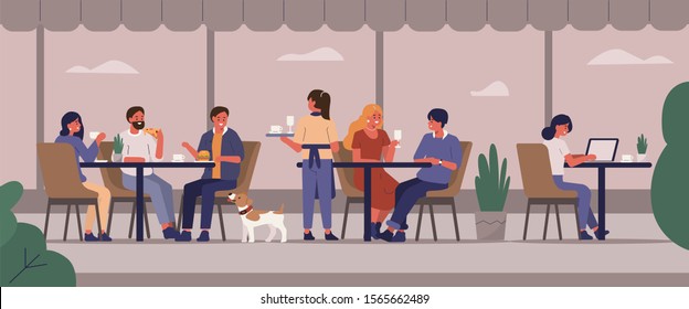 Young People Characters Dinning and Working in Street Cafe. Woman and Man Talking, Drinking Coffee and Eating. Crowded Outdoor Restaurant or Bar in City. Flat Cartoon Vector Illustration.