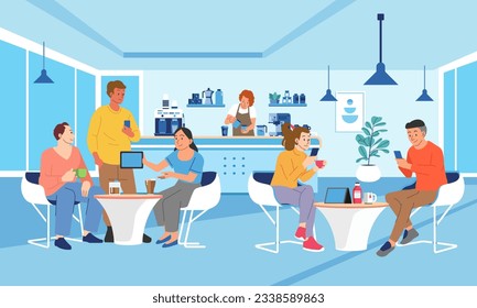 Young People Characters Dinning and Working in modern Coffehouse. Woman and Man Working and Drinking Coffee. Coworking Loft Office with Cafe. Freelancers at Work.