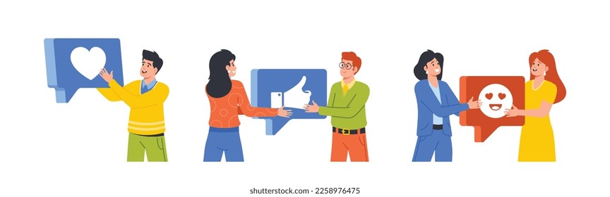 Young People Characters Exchange Information in Social Networks. Men and Women Internet Users Share Impressions and Emotions Online Isolated on White Background. Cartoon Vector Illustration