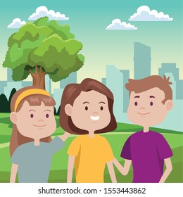 young people characters in the field vector illustration design