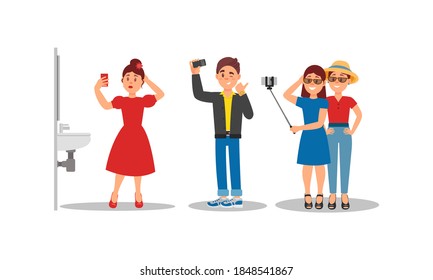 Young People Characters Holding Smartphone and Taking Photo Vector Illustration Set
