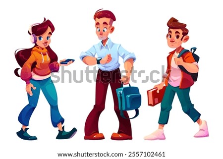 Young people characters in modern casual outfits - girl with headphones and smartphone, businessman with briefcase checking watch, student with backpack and book. Crowd poses for urban waiting station