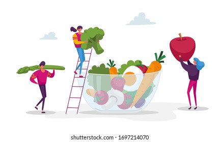 Young People Characters Put Huge Vegetables, Berries and Fruits into Glass Bowl. Healthy Vegan Food Choice, Vitamins in Products, Organic Greenery, Fruits and Vegetables. Cartoon Vector Illustration