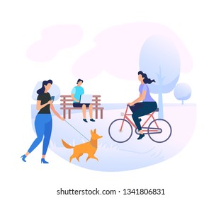 Young People Characters Relaxing on City Park Background. Woman Walking with Dog, Man Working on Laptop Sitting on Bench. Girl Riding Bicycle. Summer Time Activity. Cartoon Flat Vector Illustration.