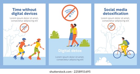 Young People Characters Spend Time without Digital Devices Banners. Active Rest in Green Park. Internet and Social Media Detoxification Concept. No Wi-Fi Sign. Cartoon Vector Illustration, Posters