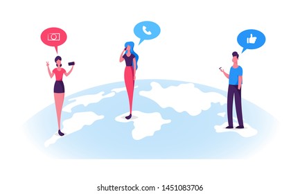 Los jóvenes personajes de la Tierra hablan en las redes sociales, llaman, hacen fotos en smartphones Hombre y mujer comunican en línea una ilustración de un vector plano de caricaturas en medios sociales