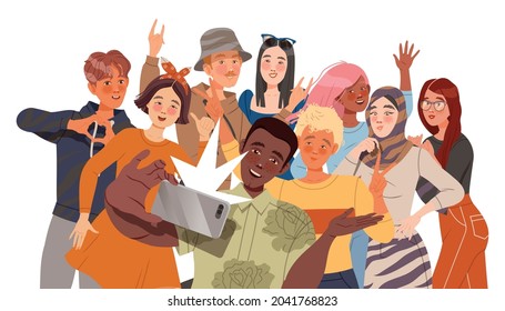 Young People Characters Taking Selfie Together Smiling for the Camera and Showing Gesture Vector Illustration