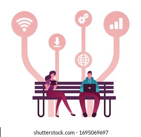 Young People Characters Using Gadgets Sitting on Bench, Chatting in Social Media Networks. Man Woman Communicating with Mobile Devices, Laptop, Tablet, Download Free Apps. Cartoon Vector Illustration