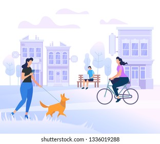 Young People Characters Walking in City. Woman Walk with Dog, Man Working on Laptop Sitting on Bench. Girl Riding Bicycle on Urban Background. Summer Time Activity. Cartoon Flat Vector Illustration.