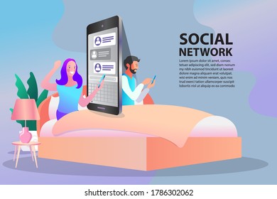 Young people chat on the bed and have a mobile phone between them. Online dating and social networking concept. Man and woman using appointment business application.