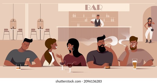 Young people chatting in a bar or pub. Vector illustration for landing page mockup or flat design advertising banner.