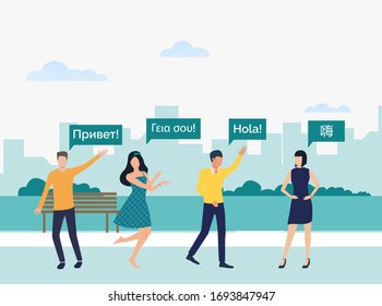 Young people chatting in foreign languages in park. Male and female cartoon characters speaking different languages. Vector illustration for presentation, poster, website