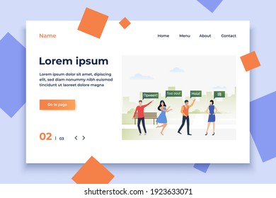 Young people chatting in foreign languages in park. Male and female cartoon characters speaking different languages. Vector illustration for presentation, poster, website