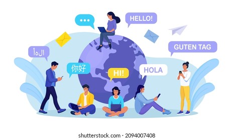 Young people chatting in foreign languages with phone. Multilingual greeting. Hello in different languages. Diverse cultures, international communication. Students with speech bubbles and earth planet