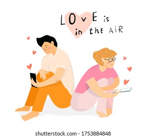 Young people chatting on the smartphone, online dating, love messages concept. Young girl and a guy searching date and relationship online using smartphone application. Vector flat hand drawn design.