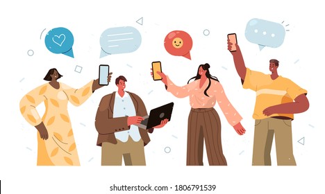 Young People Chatting on Smartphones. Happy Boys and Girls Communicating Together and Messaging in Social Media. Female and Male Modern Characters collection. Flat Cartoon Vector Illustration.