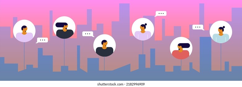 Young people are chatting using smartphones with social media elements and city on the background. Friends chatting and texting. Vector illustration. Online chat messages text notification on mobile 