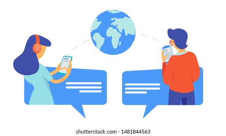 Young people chatting. Vector global information transfer illustration. Boy and girl with smartphone