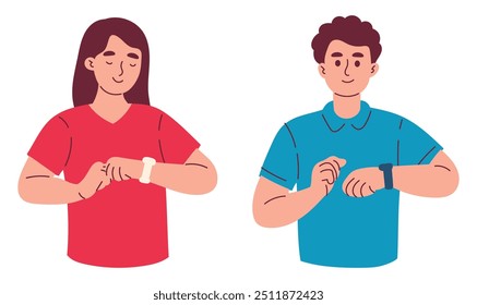 Personas jóvenes revisando el tiempo mirando el reloj de pulsera