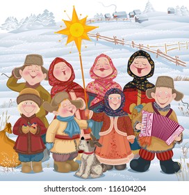 Young People And Children In Russian Village Singing Of Christmas Carols In Christmastide