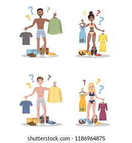 Young people choosing between two clothes set. Man and woman in doubt thinking what to wear today. Isolated flat vector illustration