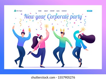 Young people at a Christmas corporate party, dancing, having fun. Flat 2D character. Landing page concepts and web design.