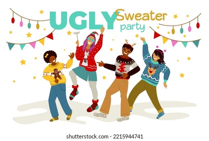Young people in Christmas sweaters are dancing. Ugly sweater party. 
