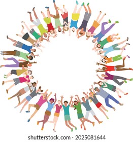 Young people in a circle of rejoicing. Vector illustration of images of peace, future and cooperation 
