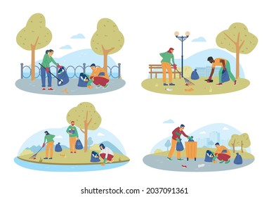 Young people clean up trash and autumn leaves at city street or park. Volunteers collecting garbage into plastic rubbish sack. Care for cleanliness environment. Vector illustrations