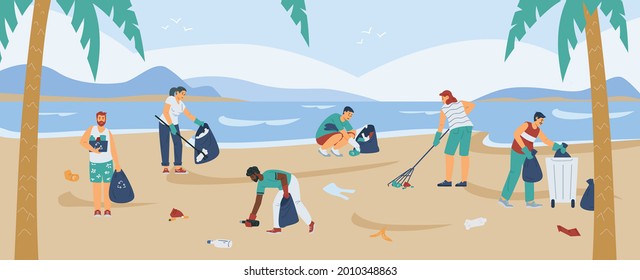 Junge Menschen beseitigen Müll am Strand oder an der Küste des Meeres. Freiwillige sammeln Müll in Plastiksäcke. Konzept der Pflege für Ökologie und Umwelt. Vektorflachbanner.