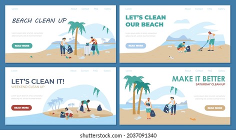 Young People Clean Up Trash At Ocean Beach Or Sea Coast. Volunteers Collect Garbage Into Plastic Rubbish Sack And Dumpster. Care For Ecology And Environment. Vector Design For Web.