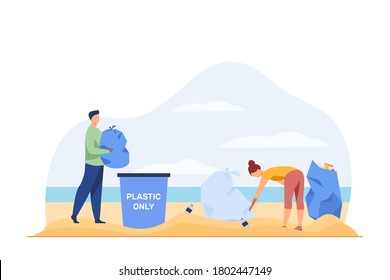 Young people cleaning beach from garbage. Activist, eco, plastic flat vector illustration. Ecology and environment concept for banner, website design or landing web page