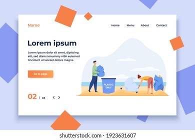 Young people cleaning beach from garbage. Activist, eco, plastic flat vector illustration. Ecology and environment concept for banner, website design or landing web page