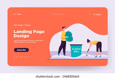 Young people cleaning beach from garbage. Activist, eco, plastic flat vector illustration. Ecology and environment concept for banner, website design or landing web page