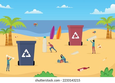 Young people cleaning beach from rubbish 2d vector illustration concept for banner, website, illustration, landing page, flyer, etc