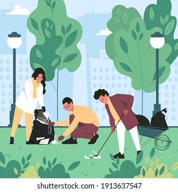 Young people are cleaning up garbage in a city park. Women and man save ecology, environment or nature. Flat vector illustration