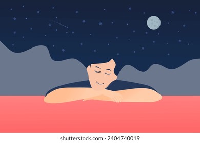 Jóvenes con ojos cerrados, durmiendo y cielo estrellado nocturno. Soñando o soñando despierto. Ilustración vectorial.