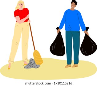 Young people collecting and packing garbage in bags vector illustration
