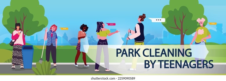 young people collecting trash into bags clean up garbage ecological challenge park cleaning by teenagers concept - Shutterstock ID 2259090589