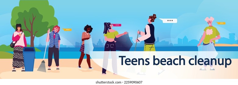 young people collecting trash into bags clean up garbage ecological challenge beach cleaning by teenagers concept - Shutterstock ID 2259090607