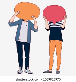 Young people with colorful dialog speech bubbles. Communication, teamwork and connection vector concept