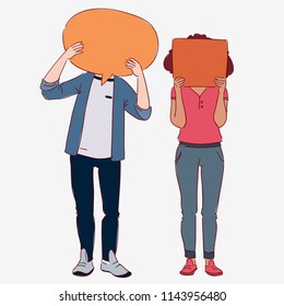 Young people with colorful dialog speech bubbles. Communication, teamwork and connection vector concept