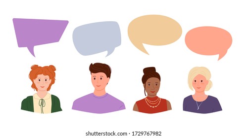 Young people with colorful dialog speech bubbles set . Flat cartoon. Group man and woman student, businessmen communication, connection. Happy different nations representatives. Vector illustration
