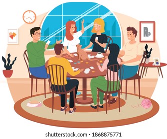 Young people communicate in the apartment and spend time together. Colleagues are playing with cards. Boys and girls play board game and eat. The cat sits on the table and looks at the woman